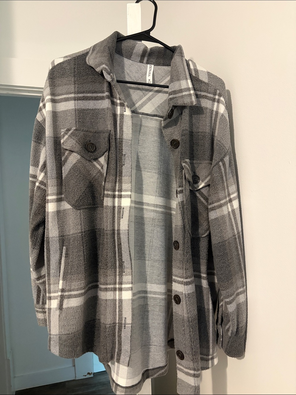 Zenana Outfitters Gray Plaid Button-Up Shacket